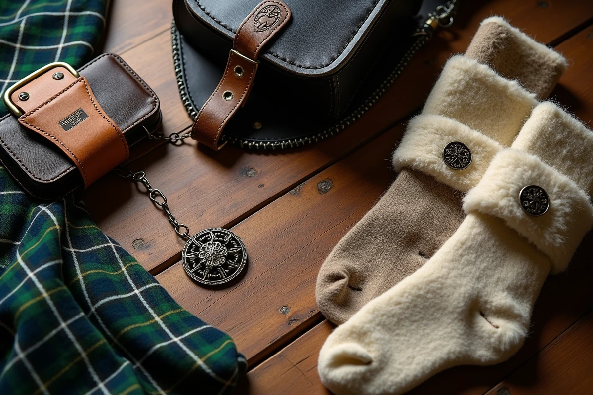 Accessoires de kilt irlandais disposés sur une table en bois : sporran en cuir, chaussettes en laine, ceinture large et broche de clan