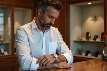 Homme examinant une montre Rolex dans une boutique horlogère suisse à Genève