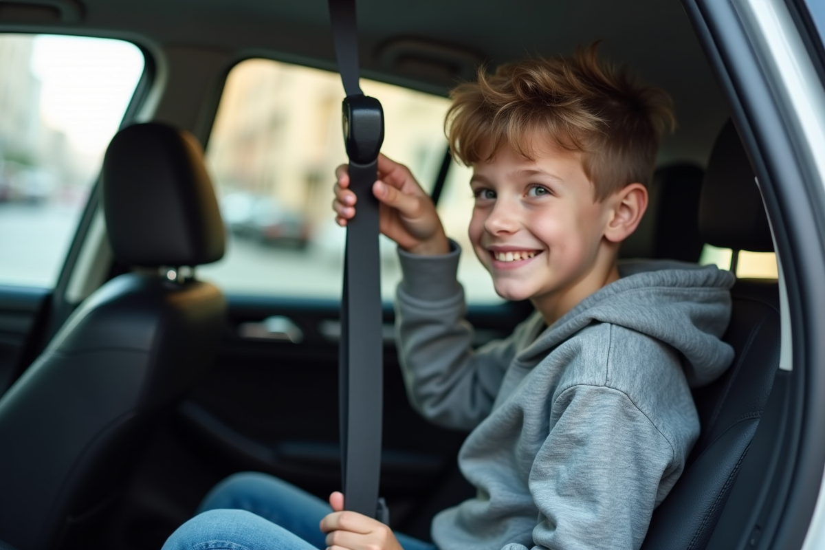 Adolescent attachant sa ceinture avec un outil dans un SUV