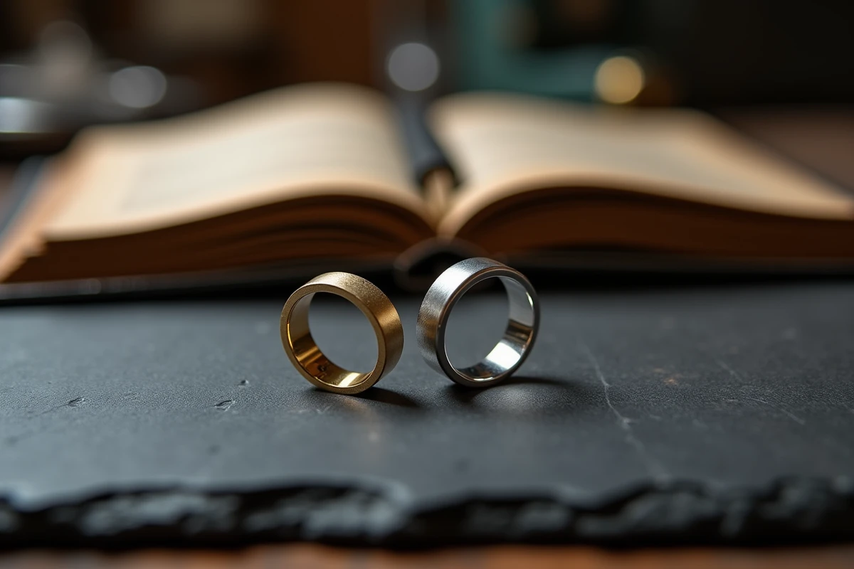 Alliance en or jaune et bague en platine posées sur une ardoise dans un atelier de bijouterie spécialisé mariage