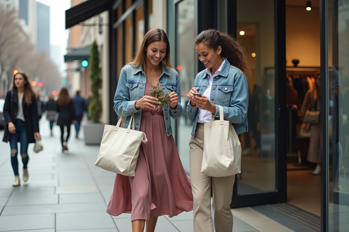 Deux amies comparant leurs achats mode responsable devant l'entrée d'une boutique partenaire The Bradery dans un quartier urbain tendance