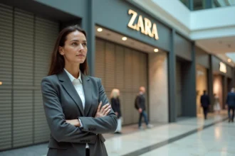Analyste retail devant une boutique Zara aux rideaux baissés dans un centre commercial, symbolisant la fermeture définitive de l'enseigne en 2026