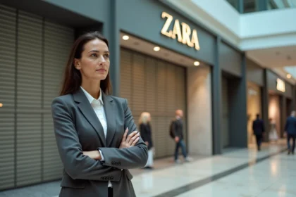 Analyste retail devant une boutique Zara aux rideaux baissés dans un centre commercial, symbolisant la fermeture définitive de l'enseigne en 2026