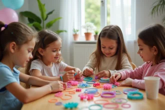 Groupe de jeunes filles faisant des bracelets élastiques lors d'un anniversaire enfant autour d'une table en bois