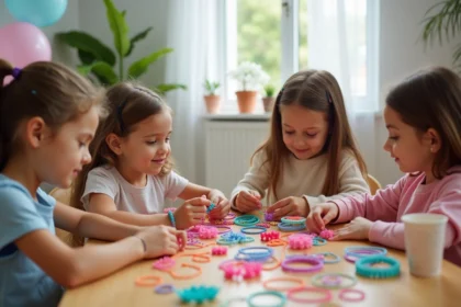 Groupe de jeunes filles faisant des bracelets élastiques lors d'un anniversaire enfant autour d'une table en bois