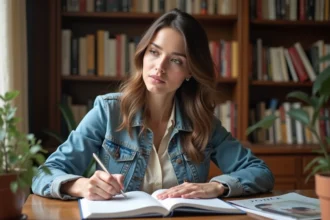 Femme étrangère apprenant la grammaire française à son bureau, avec des livres de conjugaison et un cahier d'exercices ouvert
