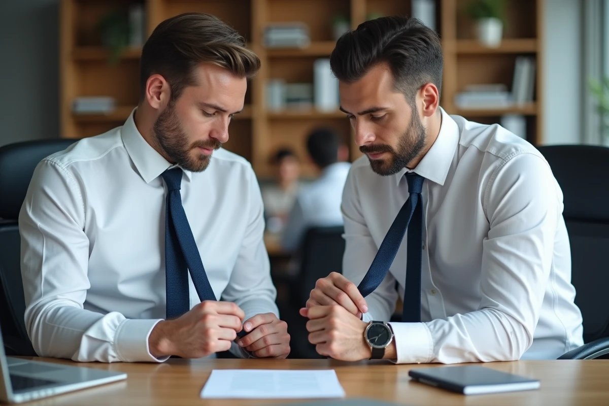 Deux hommes en chemise formelle apprenant à faire un nœud de cravate double dans un bureau moderne
