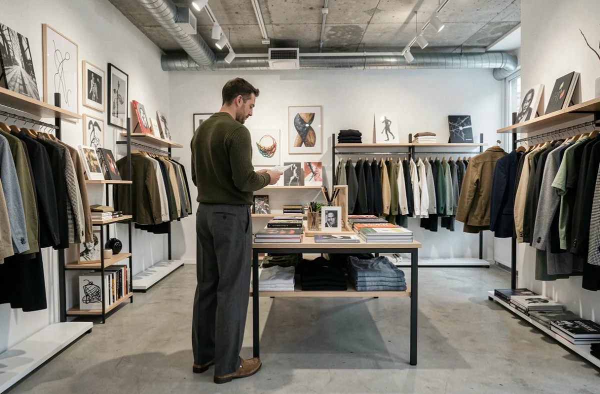 Un homme explore les articles mode et culture de l'espace ARKE, concept store de la Presqu'île de Lyon