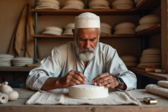Artisan musulman couturant à la main un chapeau kufi traditionnel en coton blanc dans un atelier artisanal authentique