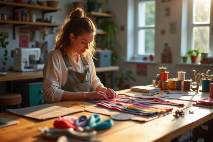 Designer arrangeant bandoulières colorées sur une table en atelier