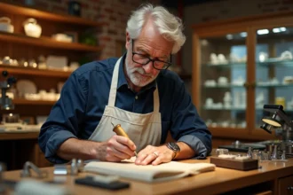 Bijoutier expert gravant une alliance en or dans son atelier artisanal spécialisé en mariage