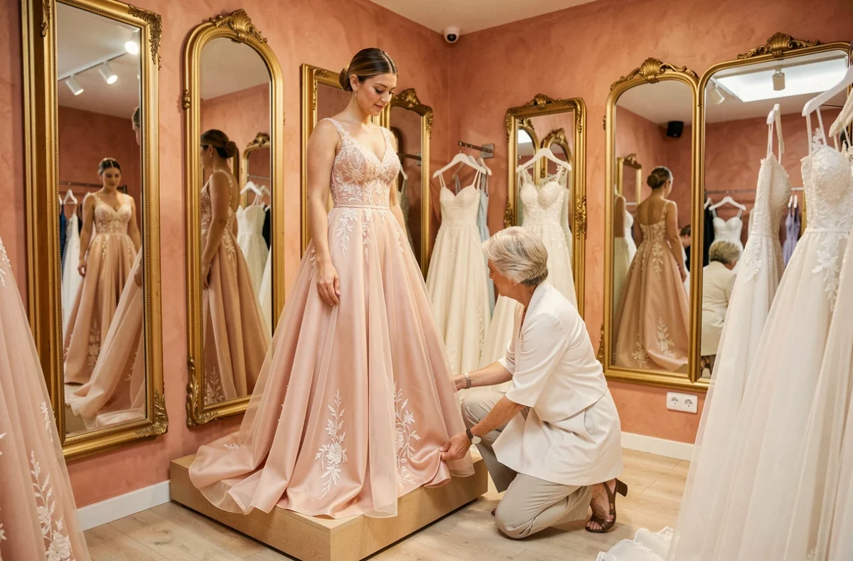 Essayage d'une robe de soirée en tulle blush chez Caralys à Nice, avec une cliente sur un podium d'essayage et une assistante ajustant l'ourlet dans un cadre chaleureux