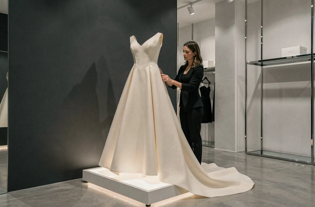 Intérieur moderne de la boutique Pronovias à Marseille, avec une robe de mariée en crêpe ivoire structurée sur un podium et une styliste ajustant la traîne