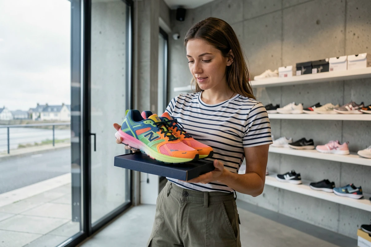 Femme inspectant une paire de sneakers dans une boutique contemporaine de Brest en Bretagne