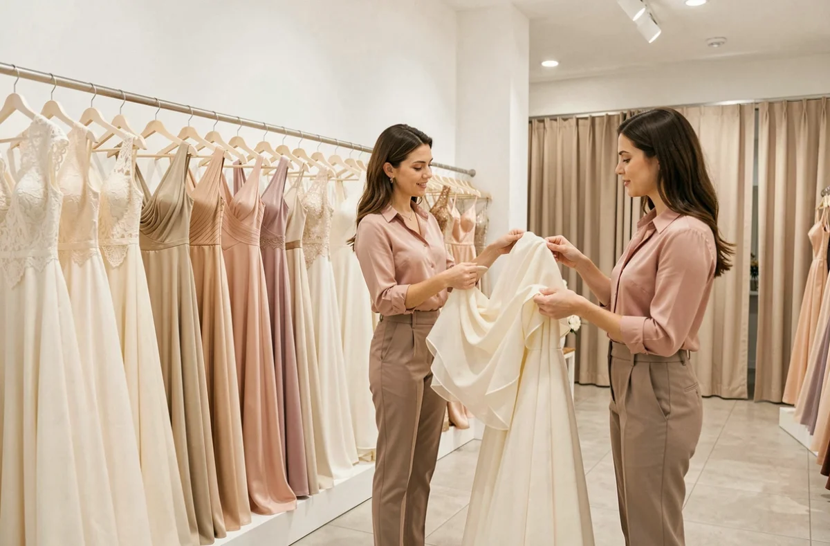 Intérieur de la boutique Solution Cérémonie à Marseille, avec des robes de cérémonie et de soirée en teintes ivoire et champagne présentées sur des cintres