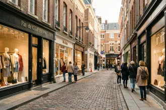 Rue commerçante du Pas-de-Calais avec plusieurs boutiques de prêt-à-porter féminin et vitrines élégantes