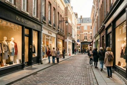 Rue commerçante du Pas-de-Calais avec plusieurs boutiques de prêt-à-porter féminin et vitrines élégantes