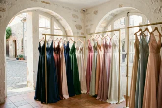 Intérieur d'une boutique de robes de soirée en Provence-Alpes-Côte d'Azur, avec des robes élégantes exposées dans un cadre méditerranéen raffiné