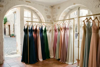 Intérieur d'une boutique de robes de soirée en Provence-Alpes-Côte d'Azur, avec des robes élégantes exposées dans un cadre méditerranéen raffiné