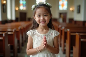 Jeune fille en robe blanche portant un bracelet de communion en perles lors de sa première communion dans une église