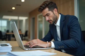Homme en costume marine portant un bracelet perle au bureau, style professionnel élégant