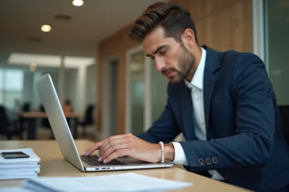 Homme en costume marine portant un bracelet perle au bureau, style professionnel élégant