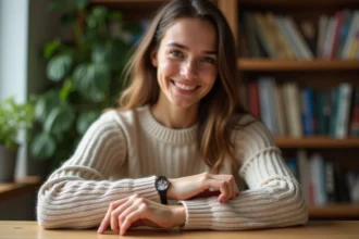 Jeune femme souriante portant un bracelet photo à la maison