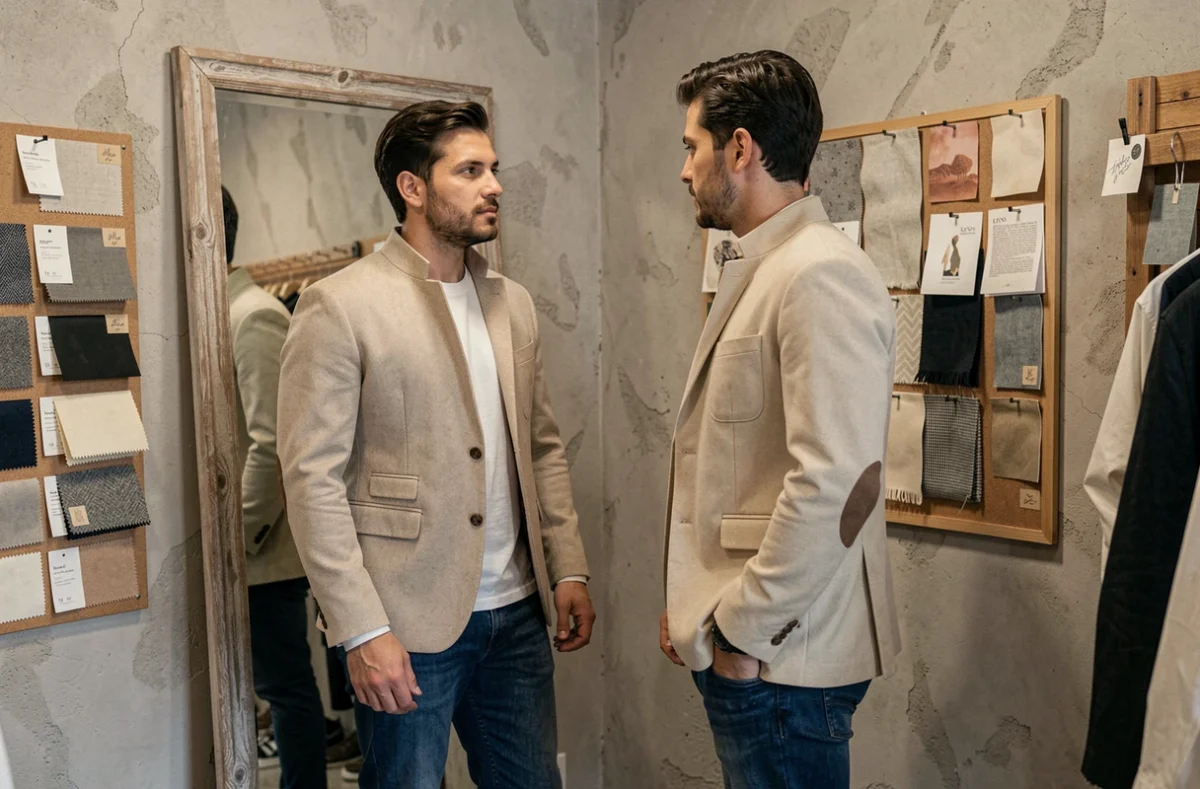 Un homme essaie une veste de créateur dans la boutique Capsule by Eso, spécialisée dans la mode masculine de créateurs au Lyon 2e