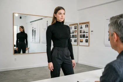 Jeune femme brune lors d'un casting en agence de mannequinat, évaluée selon les critères de taille et de mensurations standards