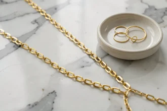 Chaîne dorée pour téléphone portable posée sur un comptoir en marbre blanc avec des bijoux minimalistes en or