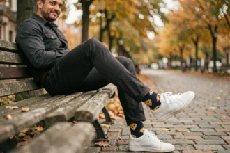 Homme en chinos slim assis sur un banc urbain révélant des chaussettes amusantes à motif pizza coloré avec sneakers blanches