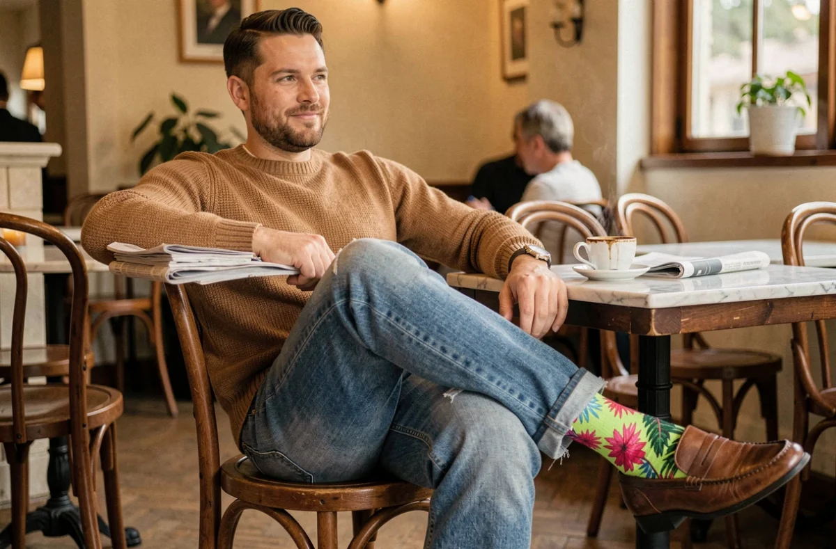 Homme en pull camel dans un café avec des chaussettes tropicales criardes contrastant avec sa tenue sobre et ses mocassins marron