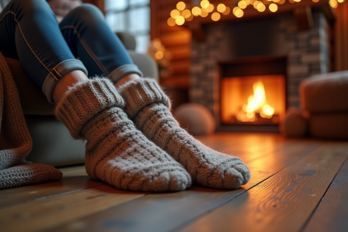 Jeune femme détendue avec chaussettes piloupilou près du feu