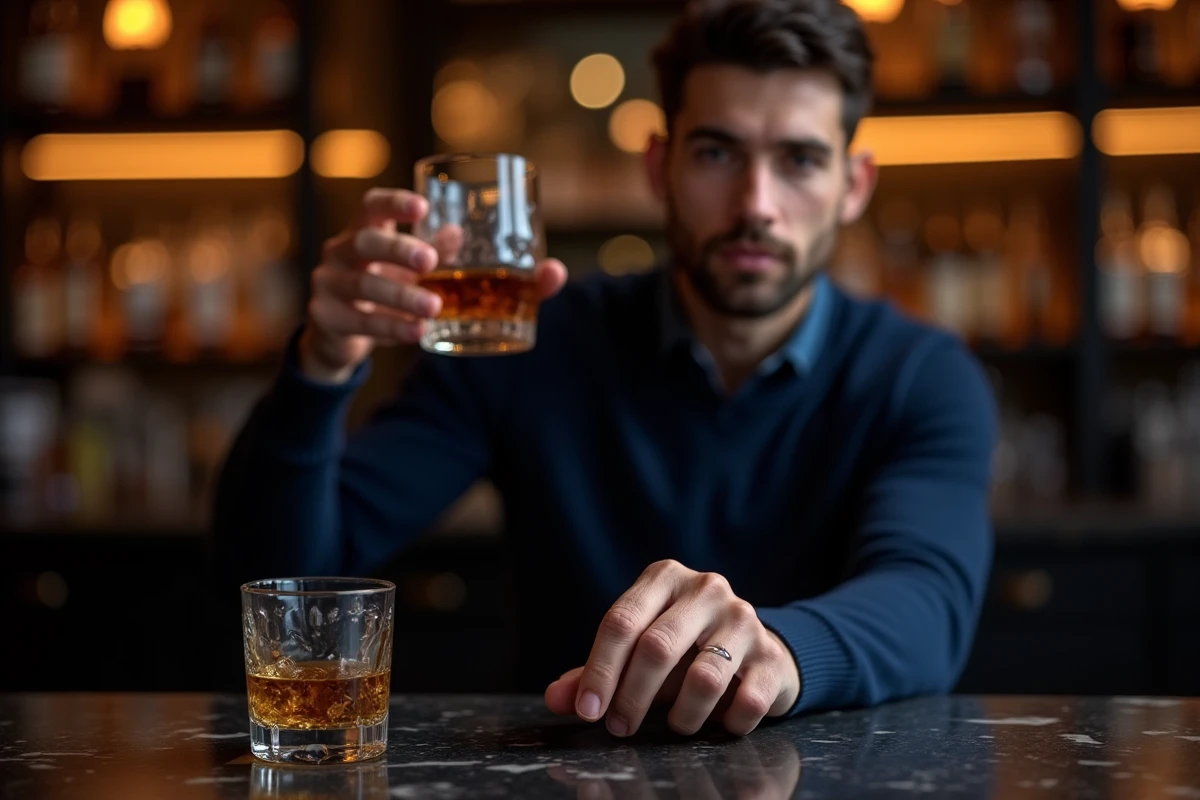 Homme élégant portant une chevalière en argent massif au doigt dans un bar raffiné, alternative masculine à l'alliance