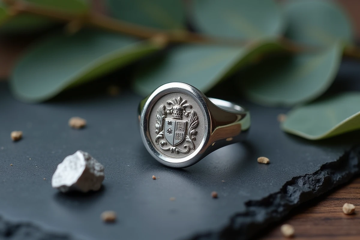 Chevalière en argent massif pour homme posée sur ardoise avec gravure écusson, bijou masculin artisanal vue du dessus
