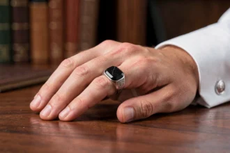 Chevalière homme en onyx noir et argent sterling portée à la main, sur un bureau en acajou, style élégant et moderne