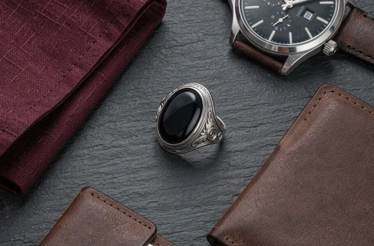 Chevalière onyx et argent posée sur ardoise avec accessoires masculins, composition flat-lay élégante pour homme moderne