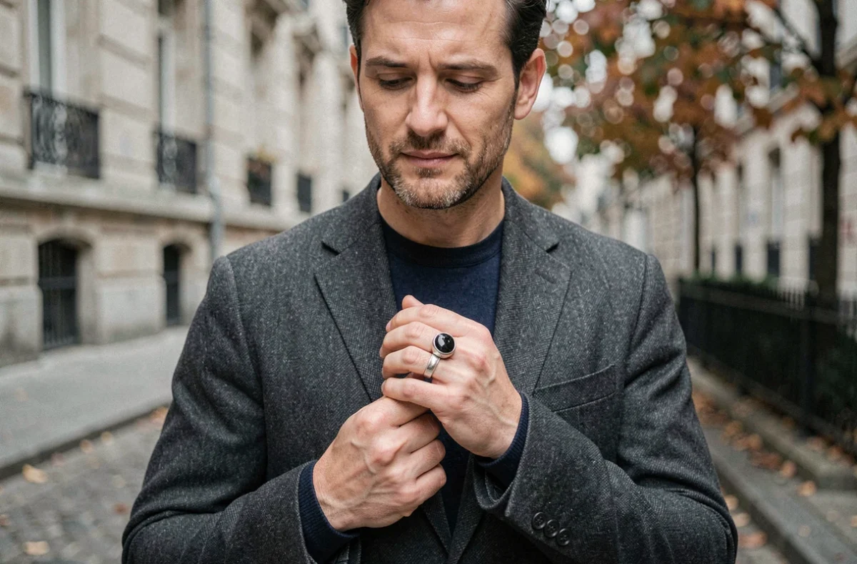 Homme élégant portant une chevalière onyx et argent dans une rue pavée européenne, style masculin moderne et raffiné