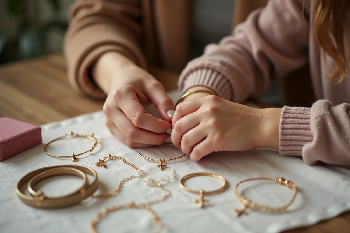 Mains d'une femme adulte aidant une petite fille à essayer un bracelet doré pour sa communion, avec plusieurs bracelets de tailles différentes sur une table