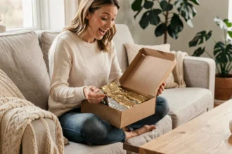 Femme heureuse déballant un coffret cadeau de chaussettes paillettes dorées et argentées dans un salon cosy et chaleureux