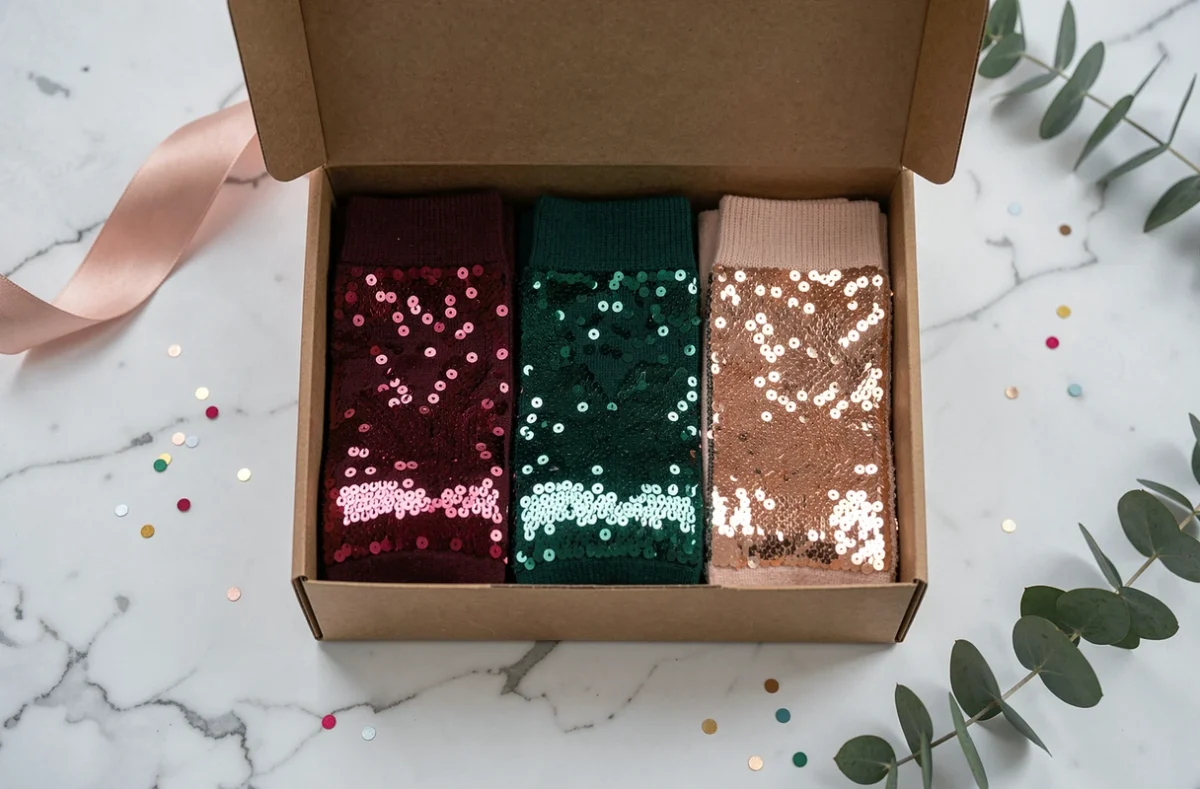 Coffret cadeau ouvert avec plusieurs paires de chaussettes paillettes colorées présentées sur une surface en marbre en vue de dessus