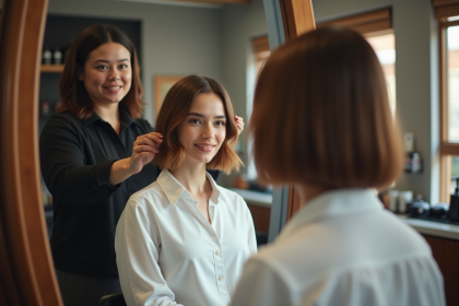 Jeune femme regarde son nouveau coiffure bob dans un miroir salon