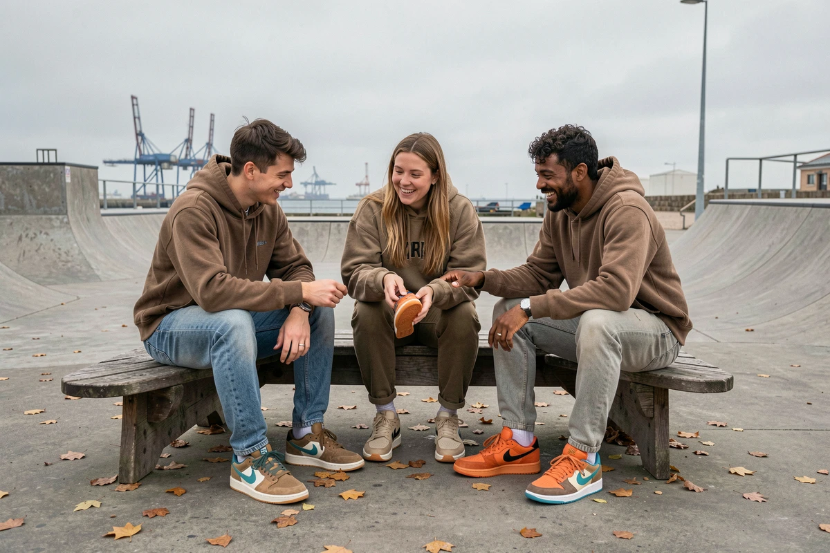 Groupe de jeunes passionnés de sneakers réunis au skatepark de Lorient en Bretagne