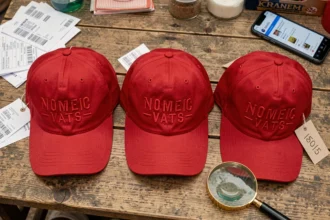 Comparaison de casquettes America Great Again authentiques et contrefaites posées sur une table en bois avec étiquettes de prix