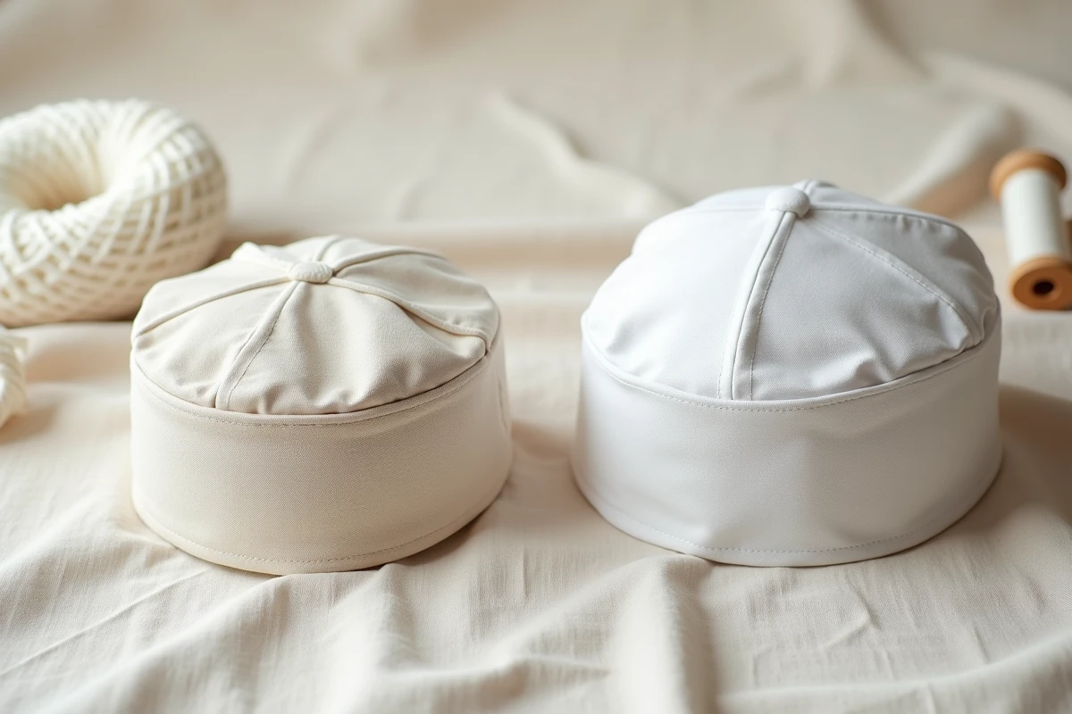 Comparaison côte à côte d'un chapeau musulman kufi artisanal et d'un modèle industriel sur fond de lin neutre