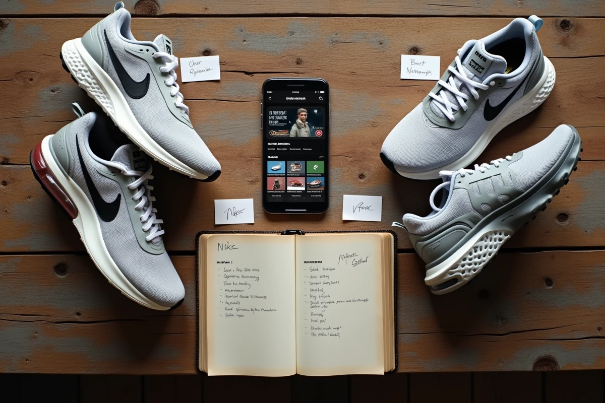 Comparaison de trois modèles de Nike posés à plat avec des notes de style manuscrites sur une table en bois