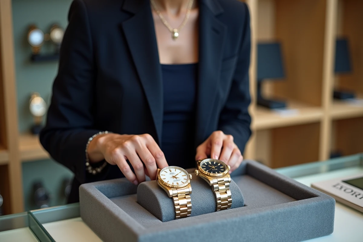 Femme comparant deux montres Rolex d'occasion chez un revendeur certifié en Suisse