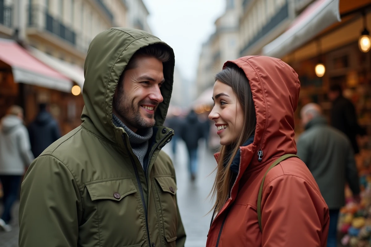 Deux amis comparant des vestes à capuche amovible dans un marché urbain