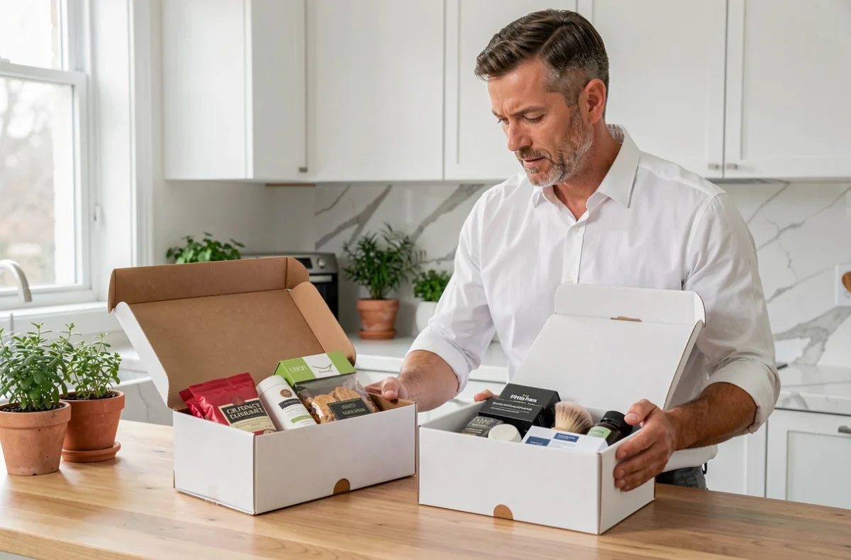 Homme comparant deux types de box abonnement masculines sur un comptoir de cuisine, produits gourmands et accessoires lifestyle