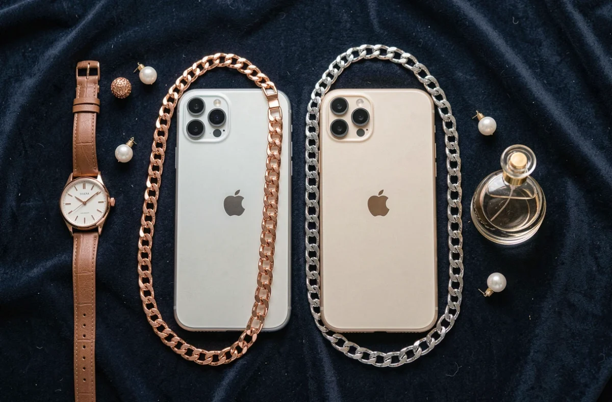 Comparatif chaîne dorée et argentée pour téléphone portable sur fond velours bleu marine avec accessoires de mode